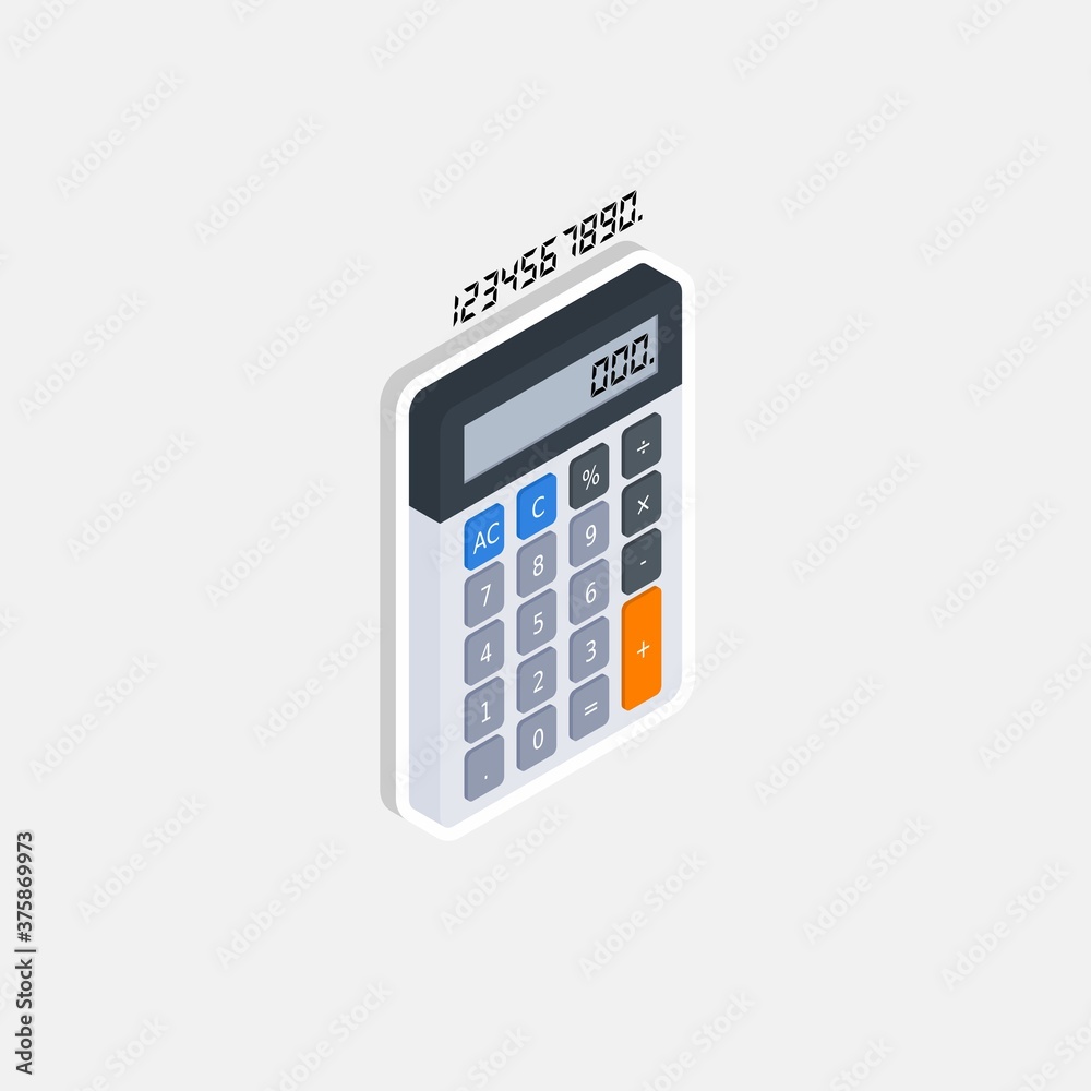 Calculator and Digital number right view White Stroke and Shadow icon vector isometric. Calculator and Digital number right view White Stroke and Shadow icon vector isometric.