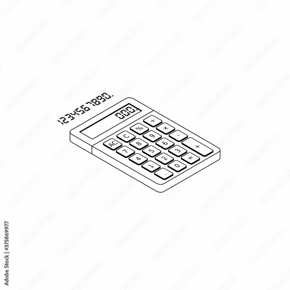Calculator and Digital number right view Black Outline icon vector isometric. Calculator and Digital number right view Black Outline icon vector isometric.