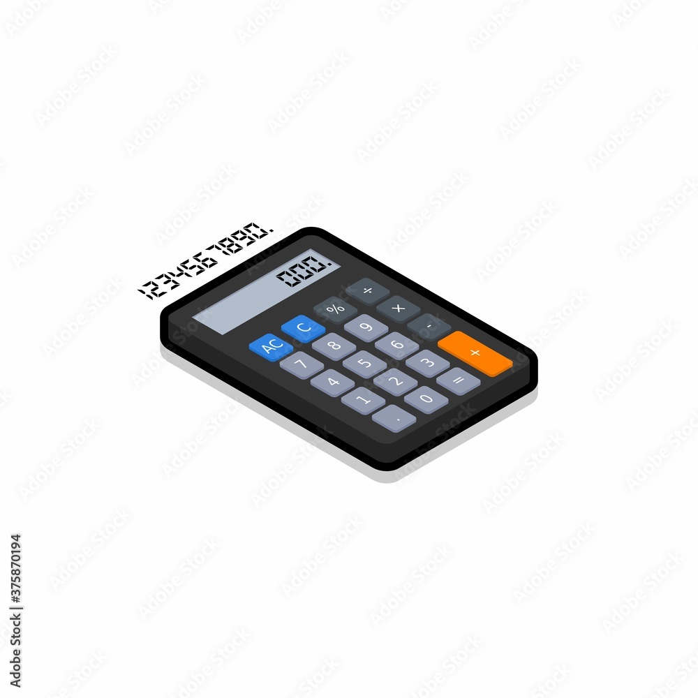 Calculator and Digital number right view Black Stroke and Shadow icon vector isometric. Calculator and Digital number right view Black Stroke and Shadow icon vector isometric.