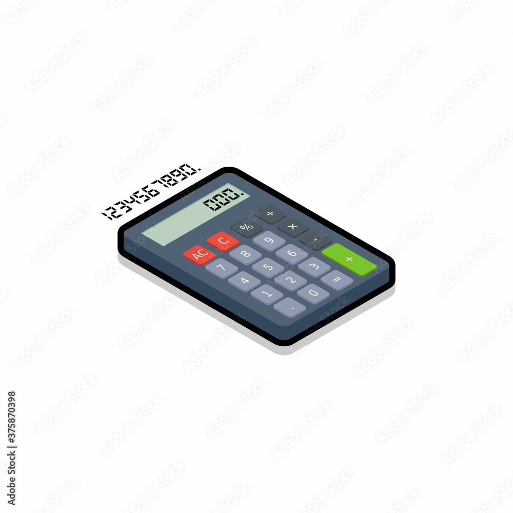 Calculator and Digital number right view Black Stroke and Shadow icon vector isometric. Calculator and Digital number right view Black Stroke and Shadow icon vector isometric.