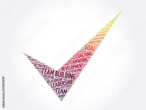 Team building check mark word cloud collage, business concept background