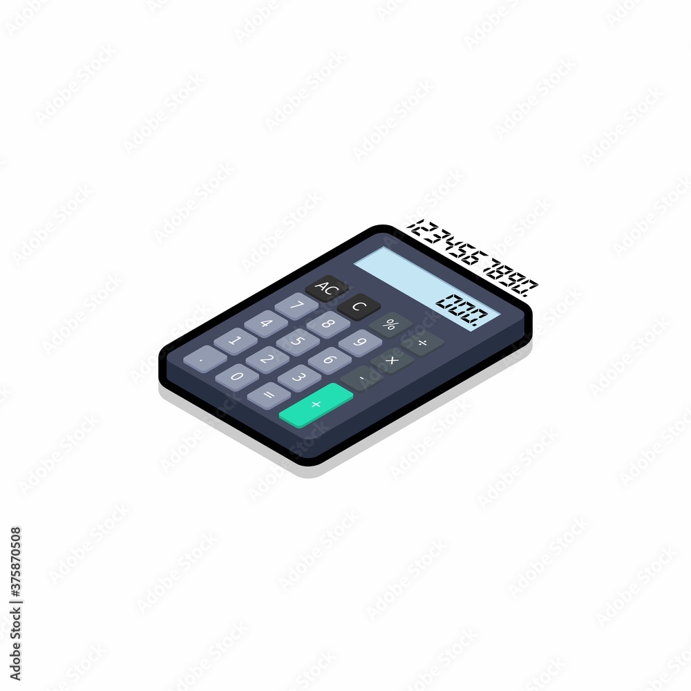 Calculator and Digital number left view Black Stroke and Shadow icon vector isometric. Calculator and Digital number left view Black Stroke and Shadow icon vector isometric.