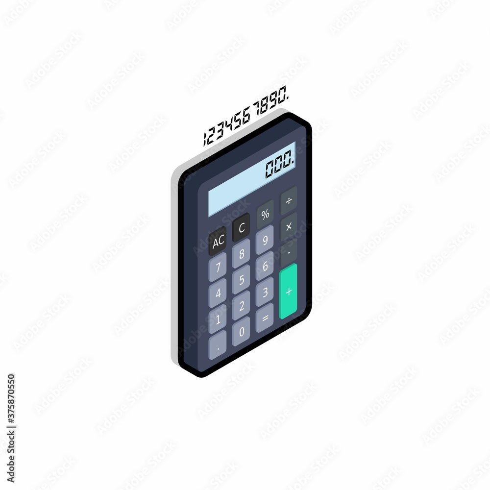 Calculator and Digital number right view Black Stroke and Shadow icon vector isometric. Calculator and Digital number right view Black Stroke and Shadow icon vector isometric.