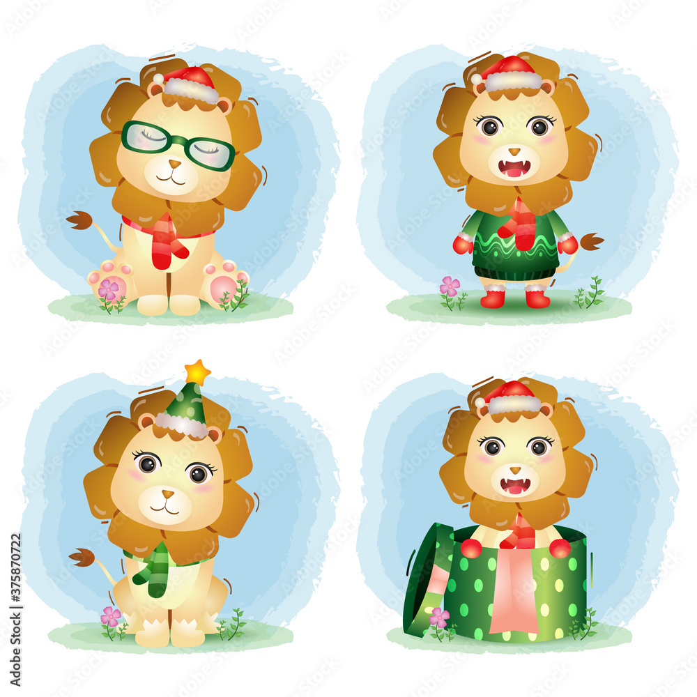 cute lion christmas characters collection with a hat, jacket, scarf and gift box