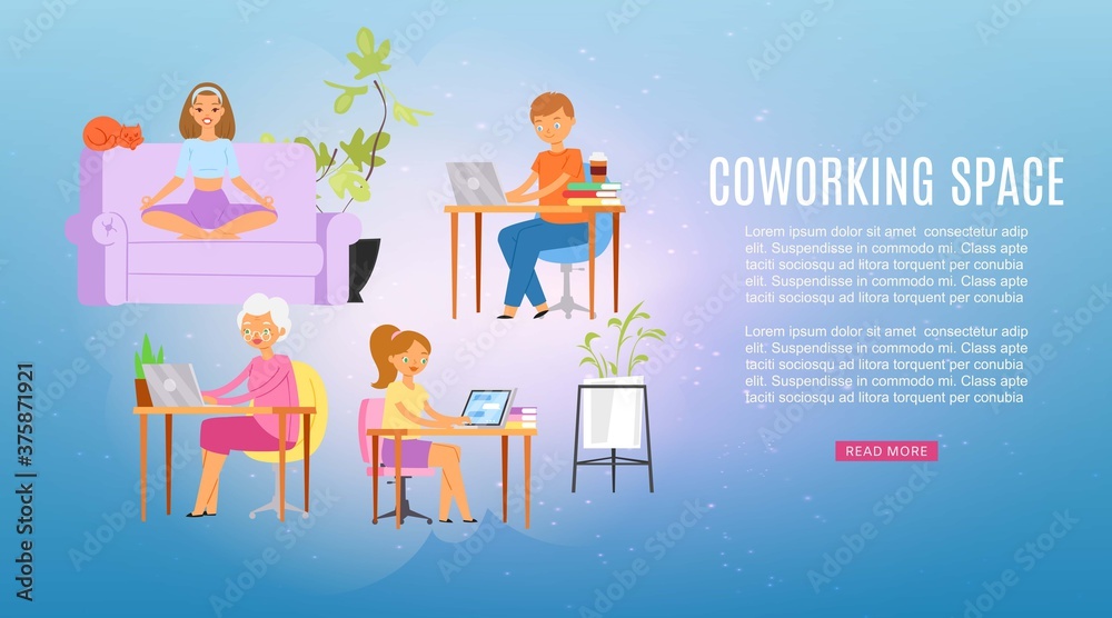 Inscription coworking space, colorful background, people at computer, business concept, design cartoon style vector illustration. Freelance creative office, teamwork, corporate community, workplace.