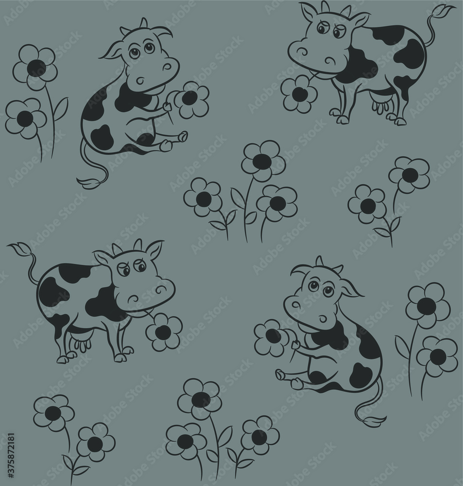 Obraz premium Cute cow with flower cartoon vector seamless wallpaper