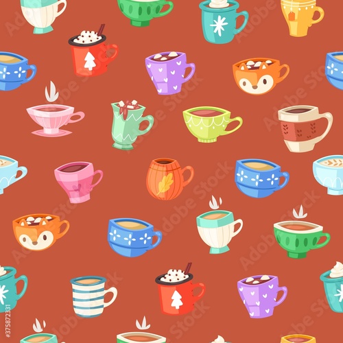 Cups seamless pattern, drink coffee wallpaper concept, retro illustration, vintage design, cartoon style vector illustration. Cute dishware element, decorative ornament, kitchenware collection.