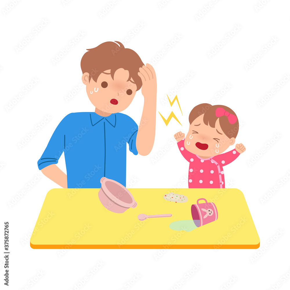 Young father feel confused facing his baby toddler throwing tantrum. Single parent clip art.  Parenting illustration. Flat vector isolated on white background.
