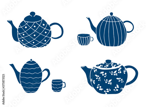 Set of tea pots silhouette with cups with ornaments. In blue color. Vector isolated