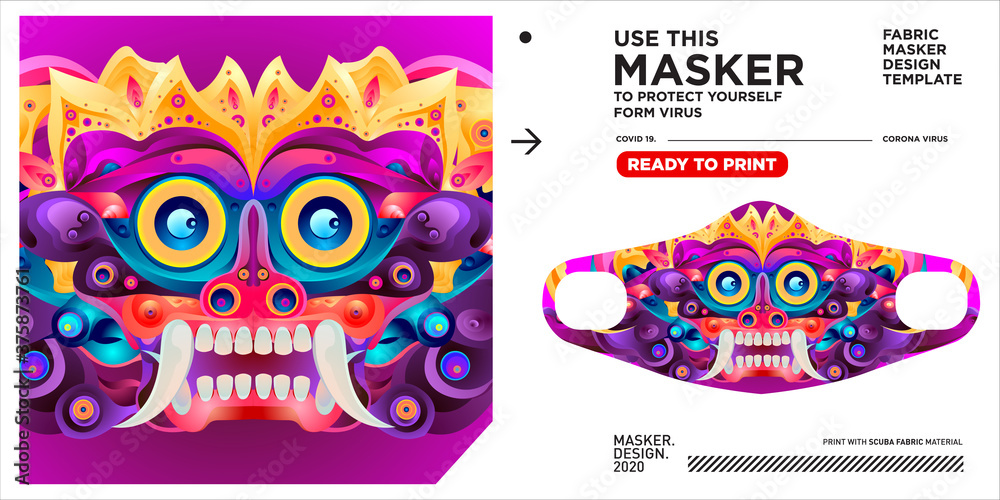 Masker design template and mockup with colorful illustration to protect corona virus