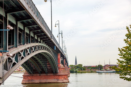 Mainz - Rhineland Palatinate, Germany - Theodor Heuss Bridge. arch rail bridge over the Rhine River connecting the cities Mainz and Wiesbaden