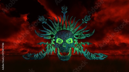 The image of a coronavirus embodied in the human skull. Against the background of sunset and running clouds. 3d render. A sign or logo to represent a virus as a threat.