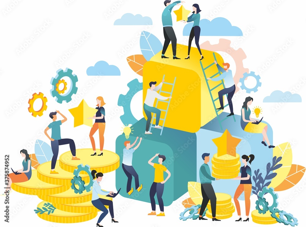 Obraz premium Bitmap illustration in a flat style. Teamwork. Conquering the peaks. Financial pyramid. Rivalry. Mountains of coins. Business idea.