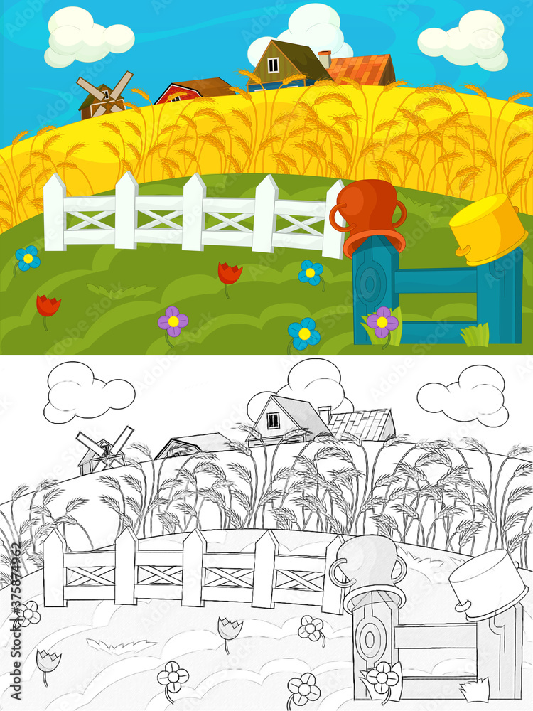 cartoon ranch farm scene with sketch illustration