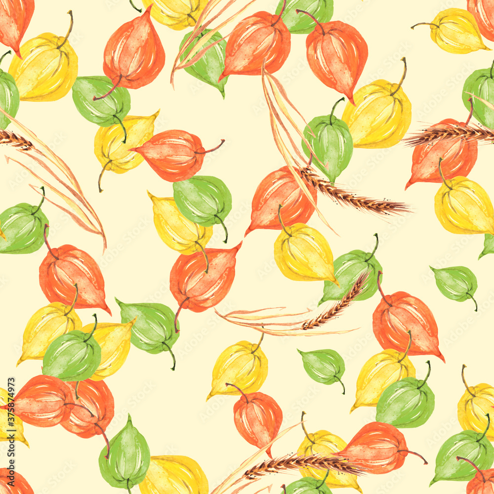 watercolor physalis seamless pattern. autumn berry illustration. botanical background. Seamless pattern with hand drawn watercolor physalis,Spikelet, wheat, cereal. Autumn background. watercolor physalis seamless pattern. autumn berry illustration. botanical background. Seamless pattern with hand drawn watercolor physalis,Spikelet, wheat, cereal. Autumn background.