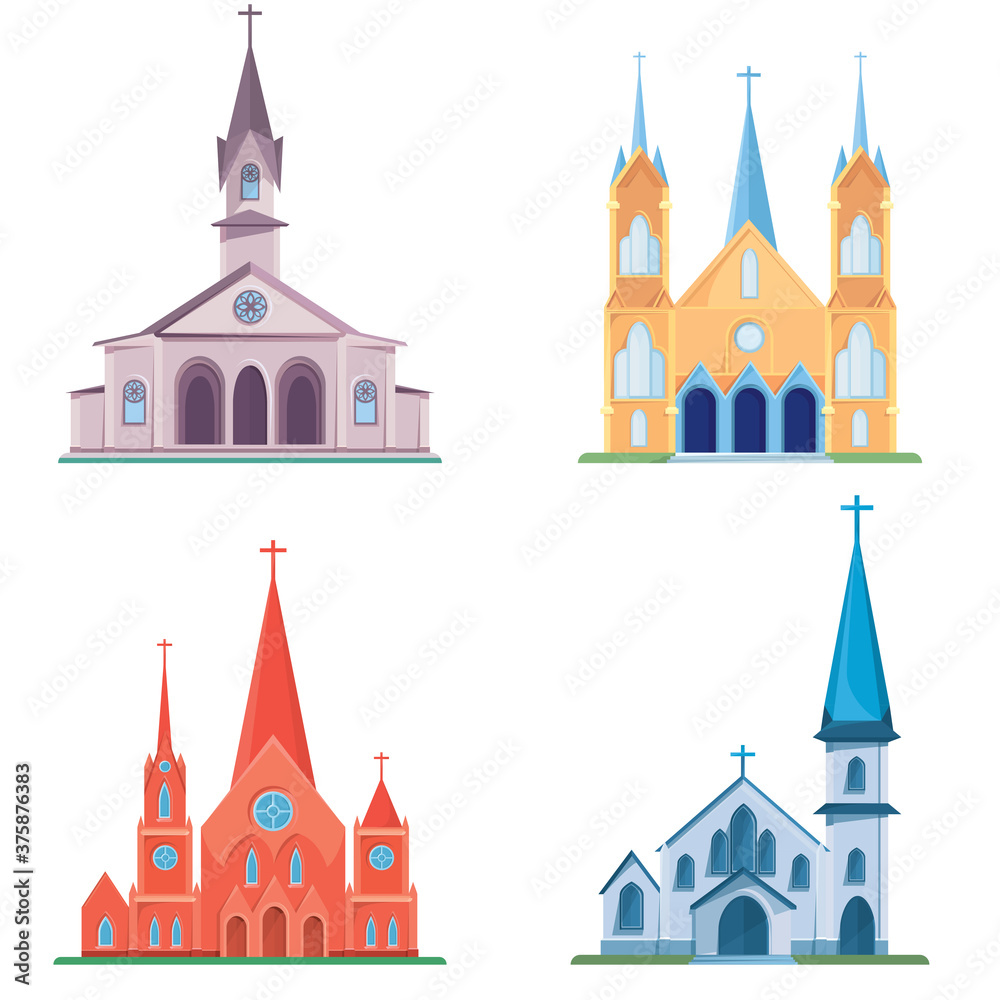 Set of different catholic churches. Objects of architecture in cartoon style.