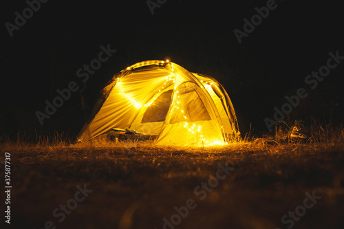 fairy lights in tent at night