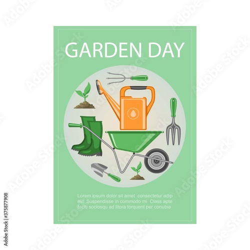 Garden day, poster, agriculture, gardening banner, summer work on environment, environment, design cartoon vector illustration. Tools for agronomy, cultivation and fertilizing soil, green sprout.