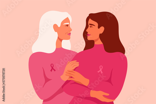 Young woman and senior woman with pink ribbons stand together. Breast Cancer awareness month concept of support and solidarity with women fighting oncological disease. Vector illustration