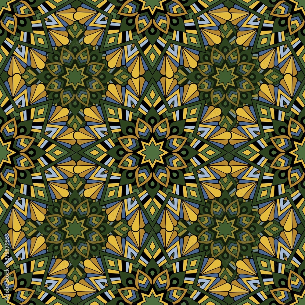 Seamless repeating pattern of colored mandalasnd