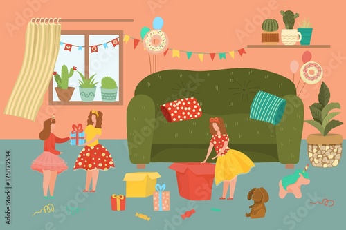 Happy Birthday vector illustration. Cartoon flat girl twins characters celebrating birthdate in home interior, receiving and unpacking gifts from friends. People on party celebration background