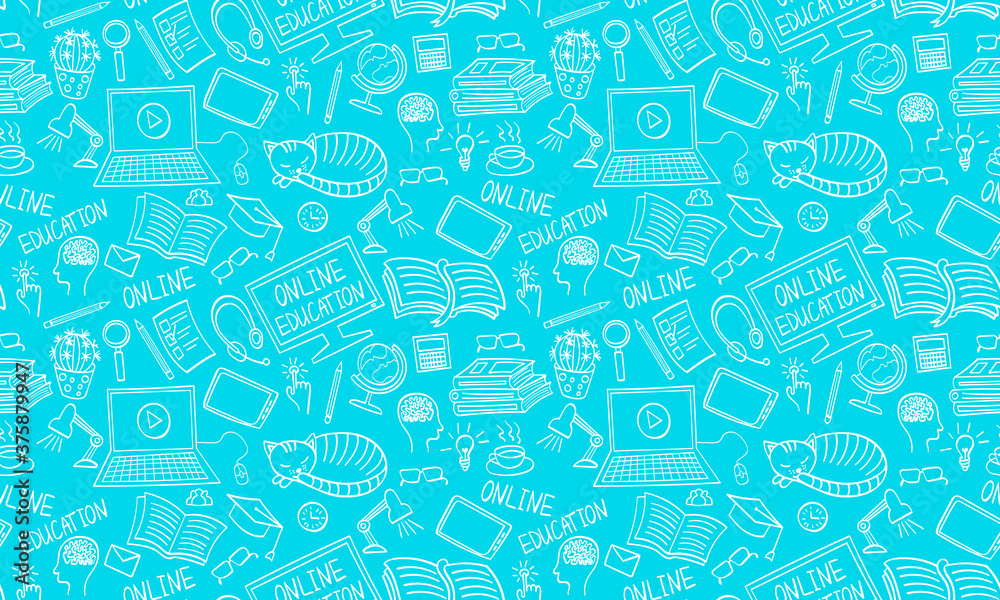 Online education hand drawn seamless pattern. E-learning doodles on light blue background. Vector illustration.