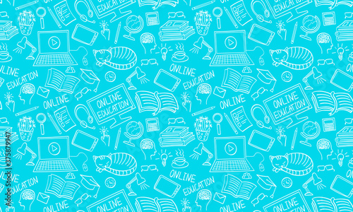 Online education hand drawn seamless pattern. E-learning doodles on light blue background. Vector illustration.