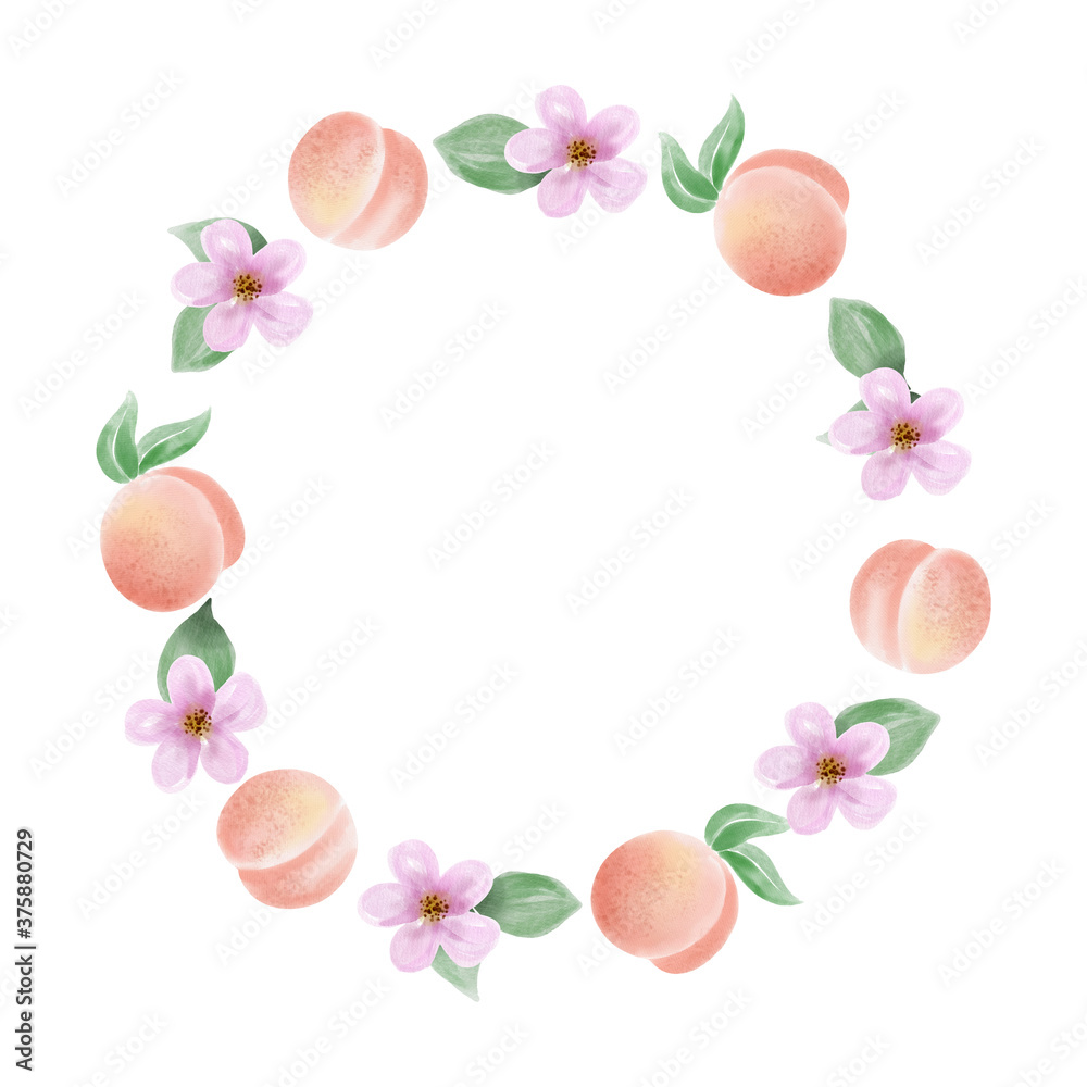 Obraz premium Watercolor peach fruit wreath card. Illustration isolated on white background. Botanical design.