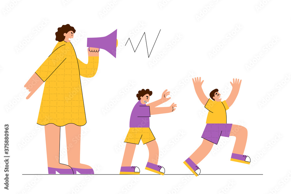 Fototapeta premium Frustrated mother screaming on her noisy playing children. Parenting problems vector concept.