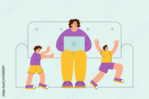 Frustrated parent trying to work with active kids. Mother and children flat style vector illustration 