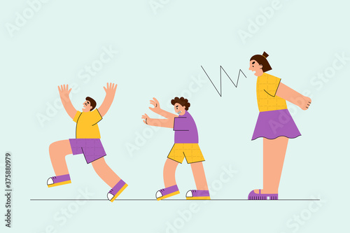Angry sister screaming on her noisy playing younger brothers. Family relationship problems vector concept.