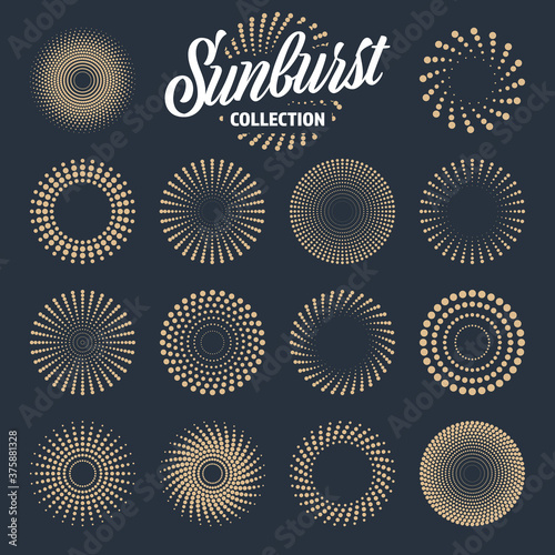 Vintage sunburst collection. Bursting sun rays. Fireworks. Logotype or lettering design element. Radial sunset beams. Vector illustration.