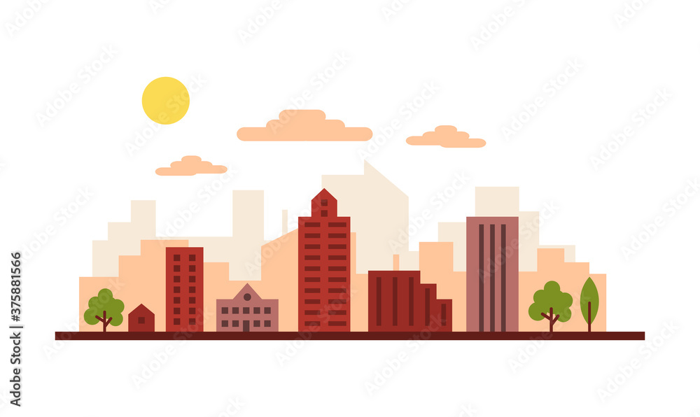 Naklejka premium City street and buildings vector illustration, a flat style design.
