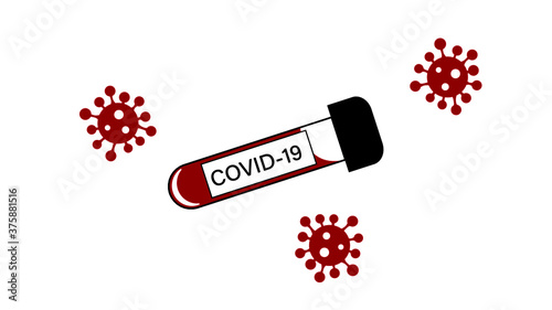 Coronavirus (COVID-19) blood test tube icon, illustration in color with virus cells around vile marked with the disease name.  Vector icon isolated on white background. 