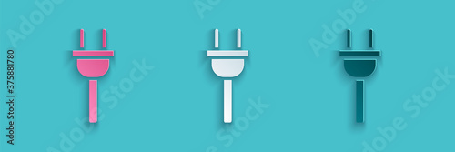 Paper cut Electric plug icon isolated on blue background. Concept of connection and disconnection of the electricity. Paper art style. Vector Illustration.