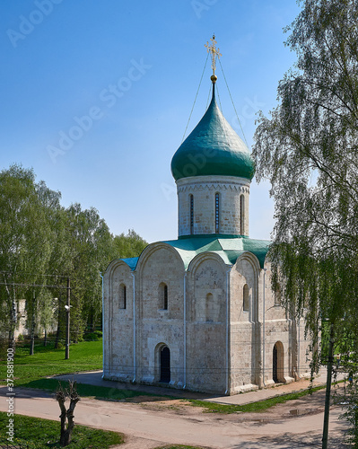 White stone Savior's Cathedral in Pereslavl-Zalessky, Russia, church about 1000 years old