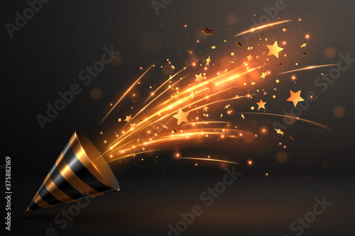 Petard with gold confetti explode