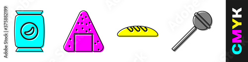 Set Bag or packet potato chips, Onigiri, Bread loaf and Lollipop icon. Vector.