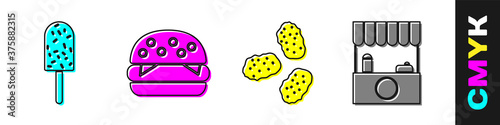 Set Ice cream, Burger, Chicken nuggets and Street stall with awning icon. Vector.