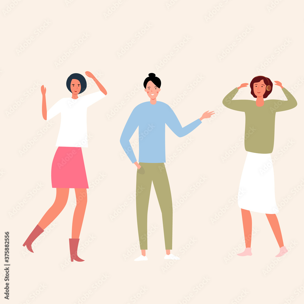 Obraz premium Cartoon girlfriends dancing in the club in a modern style. Young girls chatting in a nightclub. Flat vector illustration. youth lifestyle. Leisure with friends. Contemporary fashion and style.