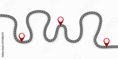 GPS pin pointers on the road. Cartoon vector illustration