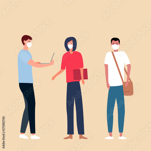 
students in masks chatting in class, fashionable hipsters men. education under quarantine conditions. Cartoon flat vector illustration. young guys are businessmen.