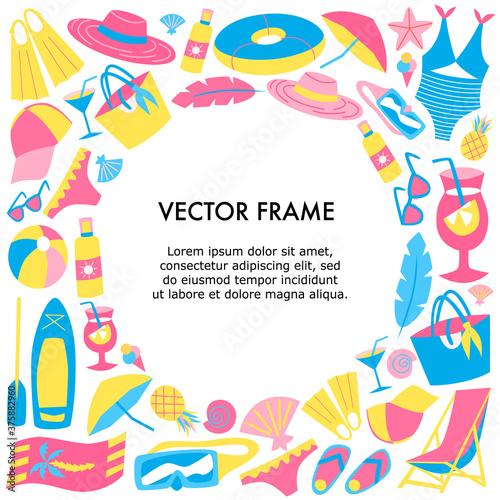 Vector round illustration frame with place for text. Clipart elements for holidays at the beach, pool, ocean or sea. Template design for banners, social media, sale, travel, vacation announcement.