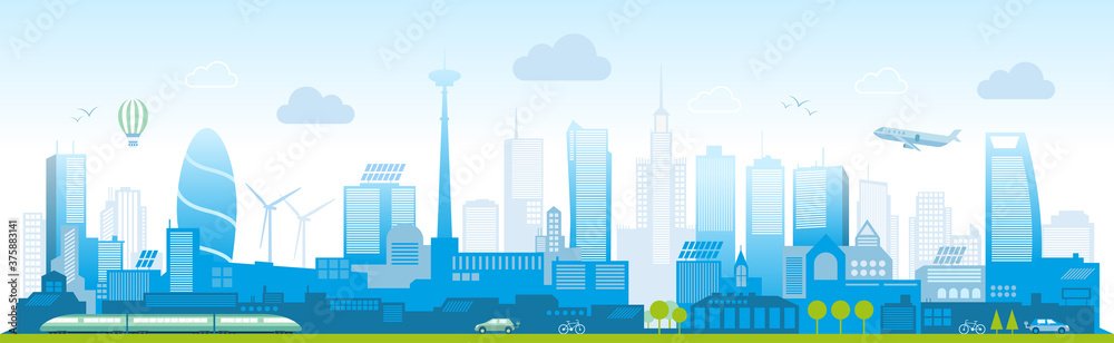 Fototapeta premium Smart city, landscape city centre with many building, airplane is flying in the sky