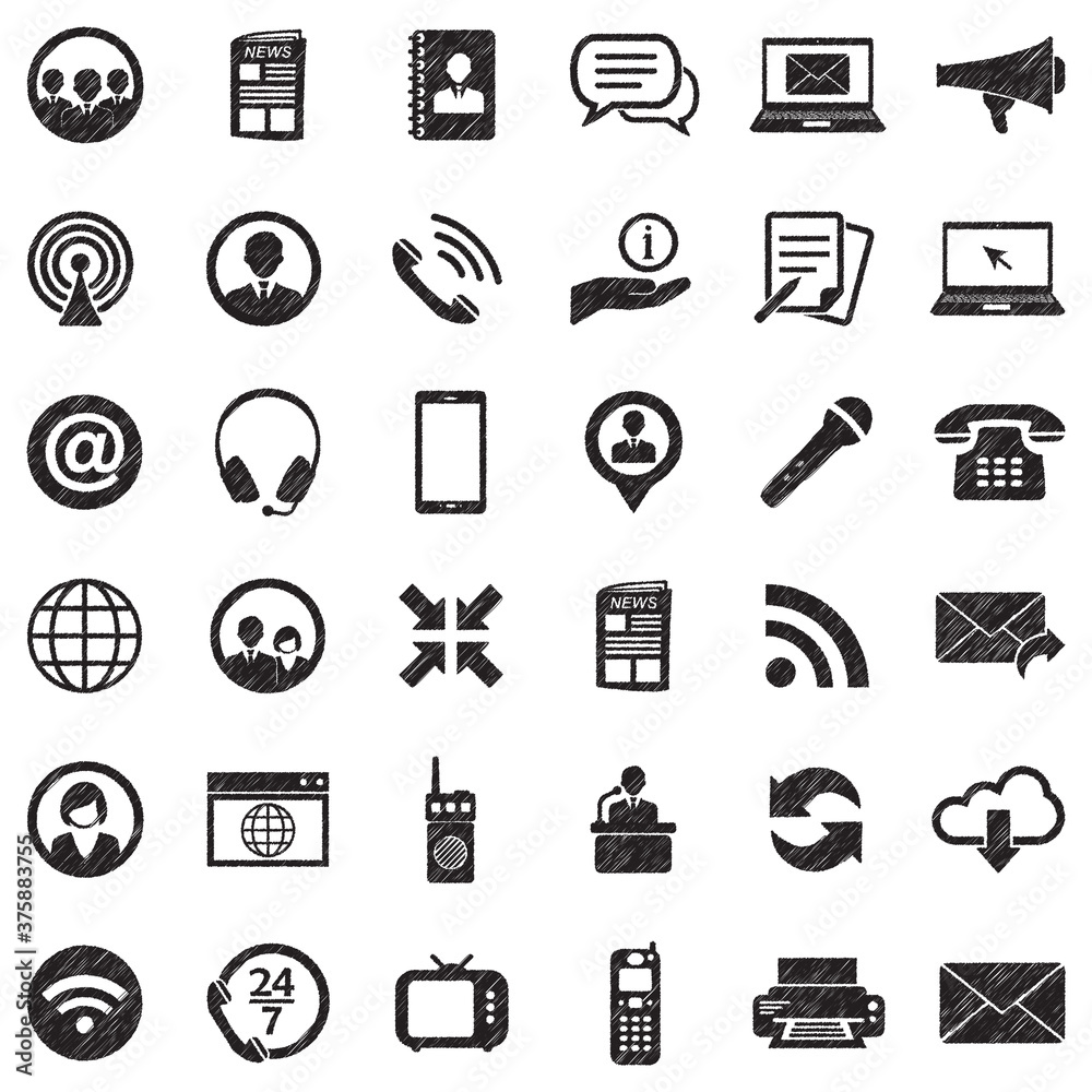 Communication Icons. Black Scribble Design. Vector Illustration. Communication Icons. Black Scribble Design. Vector Illustration.