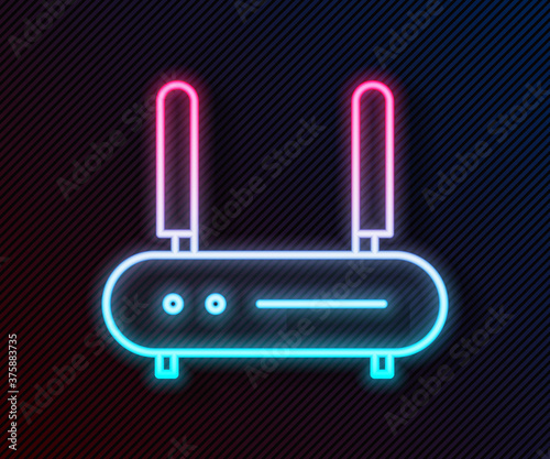 Glowing neon line Router and wi-fi signal icon isolated on black background. Wireless ethernet modem router. Computer technology internet. Vector Illustration.