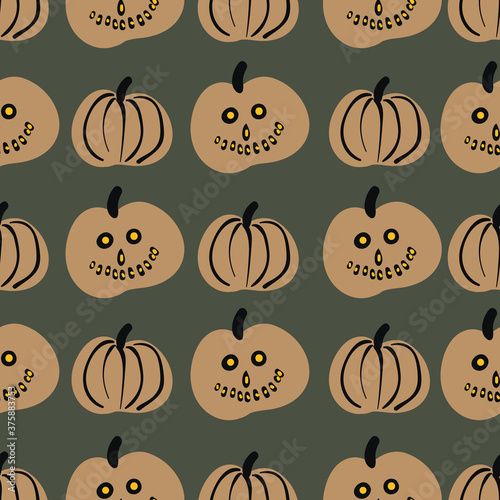 Halloween carved pumpkin lanterns seamless vector pattern in muted colors. Festive surface print design for fabrics, stationery, scrapbook paper, pakaging, gift wrap, and textiles.