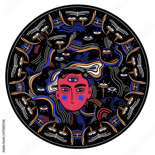 Modern psychedelic round composition of beautiful mystery person with third eye in another realm.