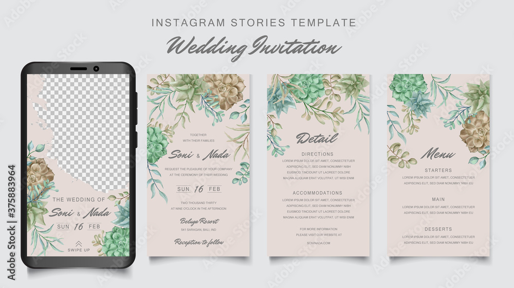 Instagram stories template wedding invitation with colorful succulent frame