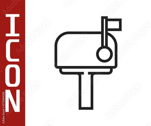 Black line Mail box icon isolated on white background. Mailbox icon. Mail postbox on pole with flag. Vector Illustration.